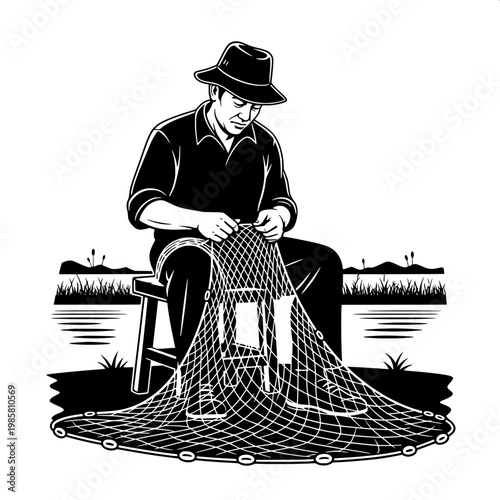 Man repairing fishing net by the pond in traditional attire and hat