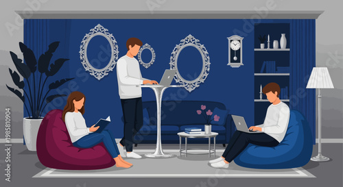 Three people working on laptops in a modern lounge area.