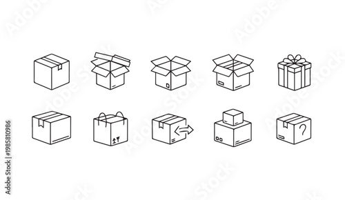 Collection of simple line drawing icons representing various shipping boxes and parcels