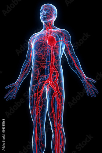 Full Body Human Circulatory System 3D Render Showing Complete Artery and Vein Network in Red and Blue on Dark Background, Vascular Anatomy Medical Stock Image