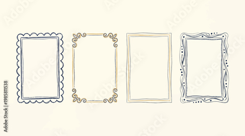 Four hand-drawn vintage decorative rectangle frames with sketchy doodle borders on cream background, concept for wedding invitation, digital scrapbooking and artistic photo presentation