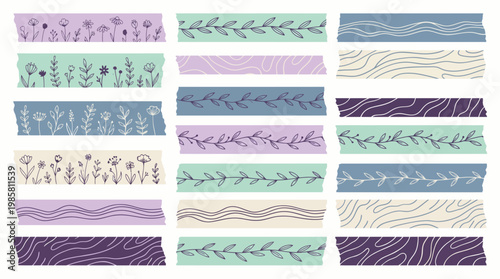 Collection of colorful decorative washi tapes with hand drawn floral botanical and wavy patterns on white background, concept for digital scrapbooking, stationery branding and creative craft projects