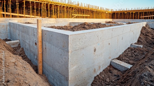 Concrete foundation of a building under construction with wooden scaffolding and earth surrounding the site during daylight.
