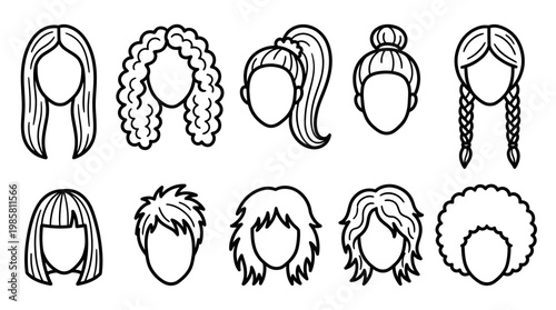 Set of diverse female hairstyles line art icons with various lengths and textures on white background, concept for professional avatar, corporate persona and executive profile design