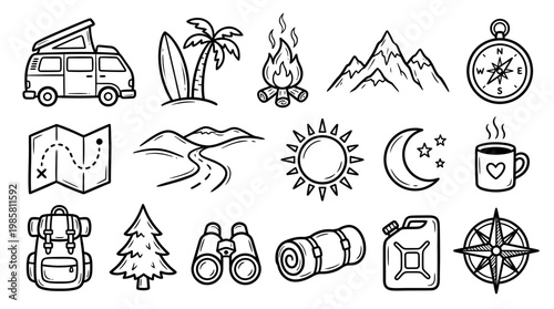 Hand drawn camping and outdoor travel icons set with camper van, mountain, backpack and bonfire on white background, concept for adventure branding, vacation planning and nature exploration