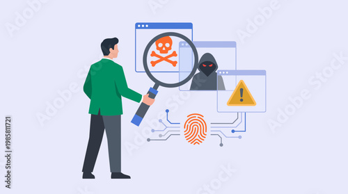 Professional IT security manager using magnifying glass to detect malicious software and phishing hackers, concept for data protection, network security and cybercrime prevention
