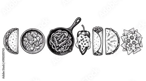 Traditional Mexican food hand drawn sketches including tacos burritos and nachos in vintage engraving style, concept for restaurant menu design, culinary blog and authentic food advertising