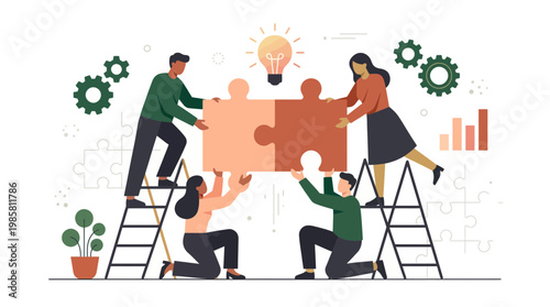 Group of project managers and business strategists assembling giant jigsaw puzzle pieces with glowing lightbulb, concept for corporate teamwork, problem solving and business innovation