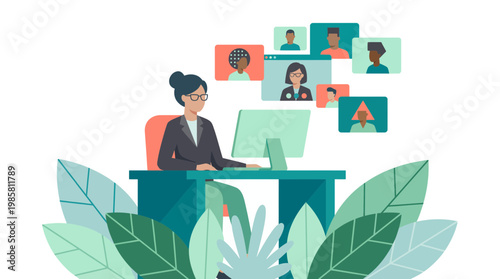Professional project manager leading a virtual video conference with diverse team members from her office desk, concept for remote collaboration, corporate communication and digital workspace