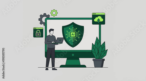 Professional IT security analyst using laptop to monitor artificial intelligence protection shield on screen, concept for data privacy protection, network safety and cloud infrastructure