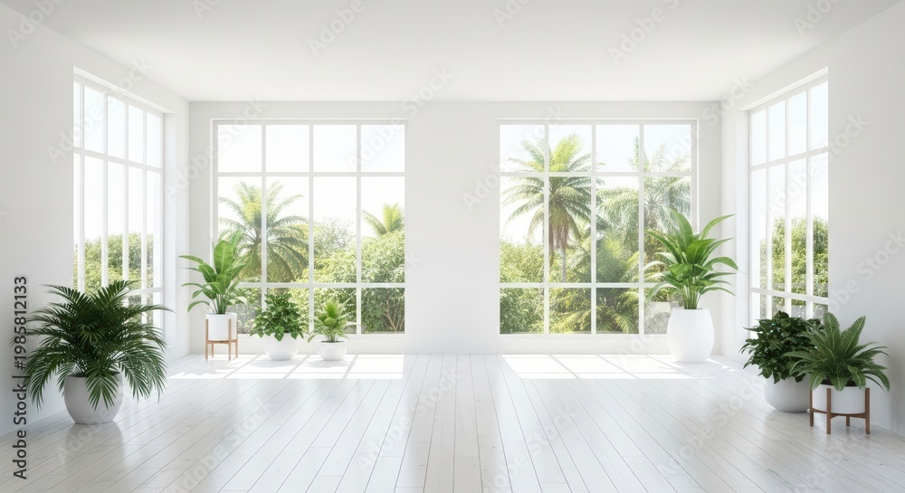 Fototapeta premium Bright White Room With Large Windows And Lush Green Plants Sunlight Reflecting On Floor