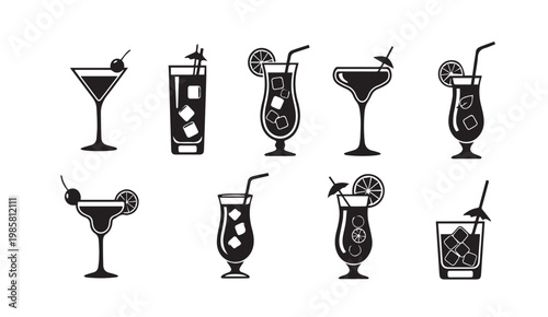 Collection of stylized alcoholic beverage icons with garnishes and ice