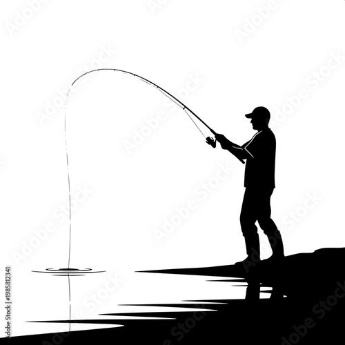 Silhouette of man fly fishing at sunset on calm lake with reflection