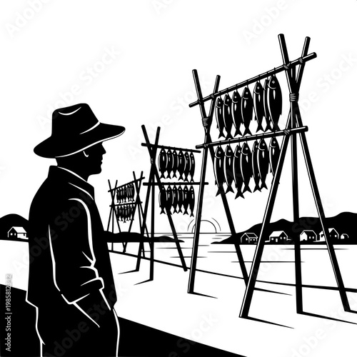 Farmer inspecting dried meat jerky on wooden rack by lakeside at dusk