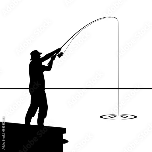 Silhouette of fisherman casting line at sunset with flying seagull