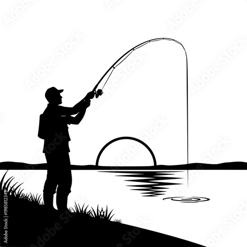 Silhouette of fisherman casting line at sunset over calm lake with double rainbow