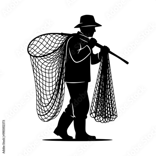 Fisherman with large net walking in minimalist black and white illustration