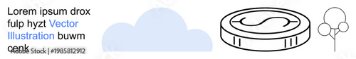 Finance, sustainability, digital economy, cloud computing, technology integration, environment. Minimalistic coin, cloud and tree elements. Finance and sustainability conceptual