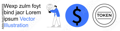 Cryptocurrency, financial technology, blockchain, security, digital assets, innovation. Person holding a lightbulb, large dollar symbol TOKEN badge. Cryptocurrency and financial technology concept