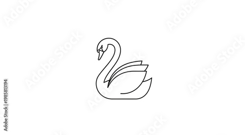 A minimalist line drawing of a swan floats serenely on calm water in a natural setting.