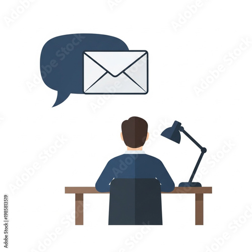 Man sitting at desk with lamp and thinking about email