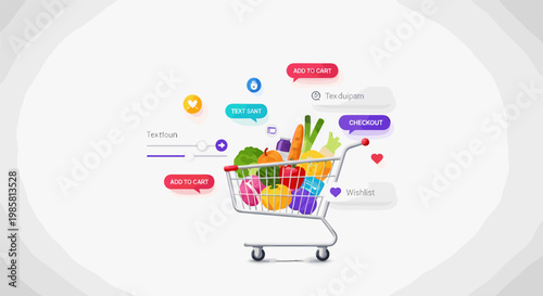 Shopping cart with colorful products and speech bubbles in modern flat illustration style with bright vibrant colors and digital graphics for e-commerce