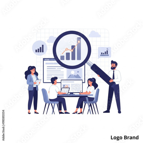 Business team analyzes data with magnifying glass on charts and graphs