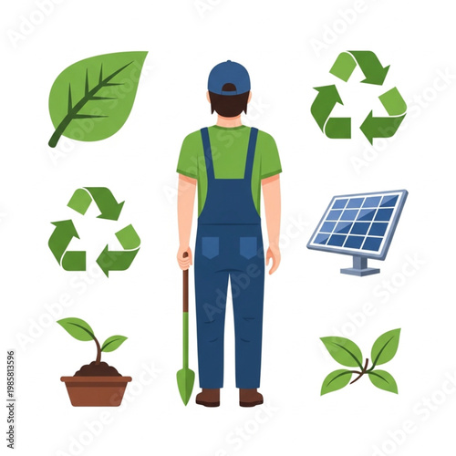 Man standing with shovel surrounded by recycling symbols and eco-friendly icons