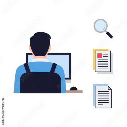 Man sits at desk with computer researching documents with magnifying glass