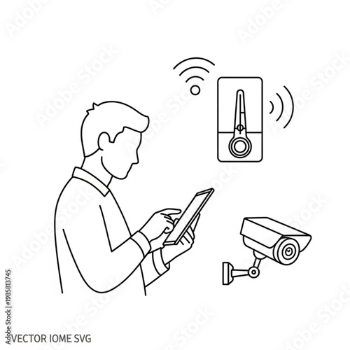 Man uses tablet to remotely control security camera with smartphone.