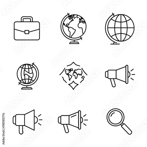 A briefcase and globes with megaphones illustrate global business communication effectively.
