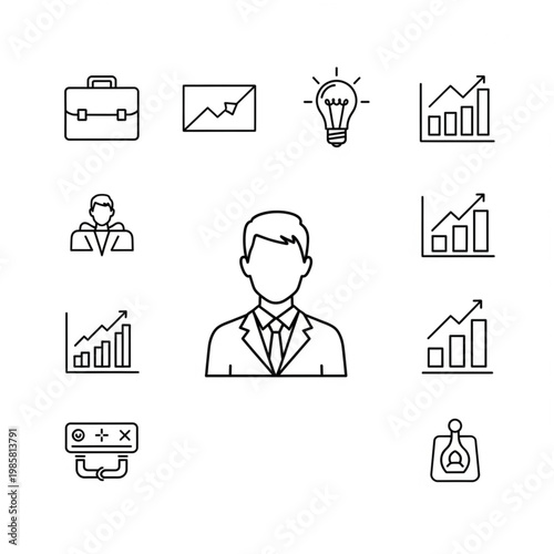 A businessman with various business icons and graphs around him.