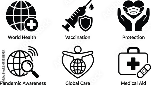 Global health and safety icons vaccination protection and pandemic awareness