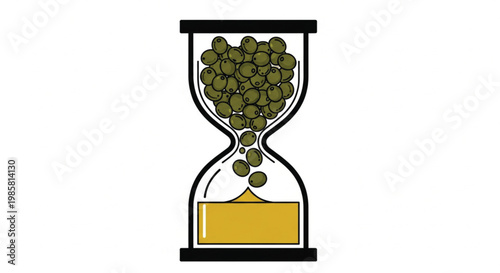 Vector hourglass, green peas, yellow sand timer, illustration