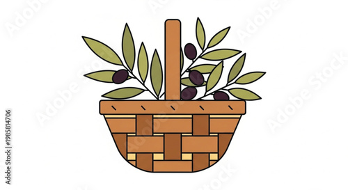 Olive branch basket, woven icon, brown basket, green leaves