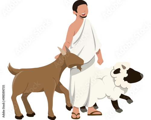 Illustration of a man with sacrificial goats and sheep for Eid al-Adha