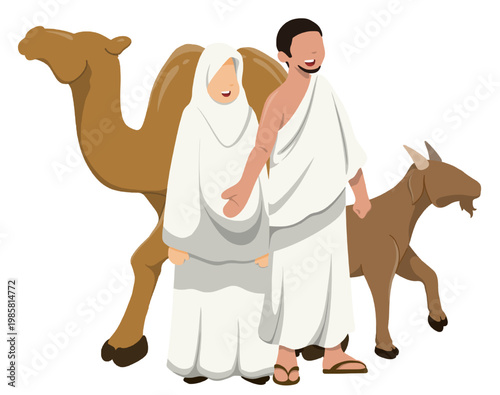 Illustration of a Married Couple Wearing Ihram Clothes with sacrificial goats and Camel for Eid al-Adha