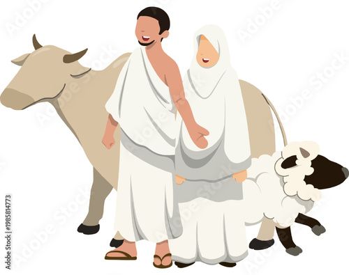 Illustration of a Married Couple Wearing Ihram Clothes with sacrificial Sheep and Cow for Eid al-Adha
