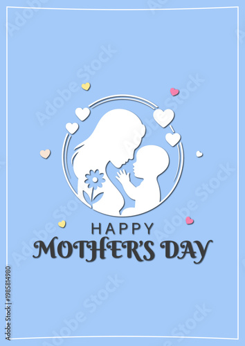 Minimalist Papercut Mother and Child Silhouette for Mother's Day, Happy Mother's Day Greeting Card with Floral and Heart Accents, Motherhood Concept Illustration of Mom and Baby on Blue Background