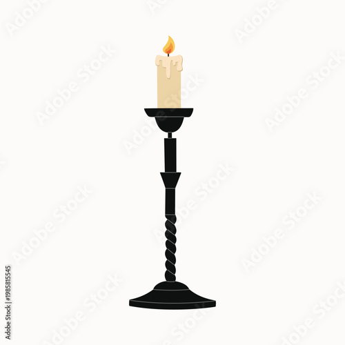 Black candlestick on a long stem with burning candle. Vintage candle holder for decor and lighting. Hand drawn vector illustration isolated on white background, modern flat cartoon style.