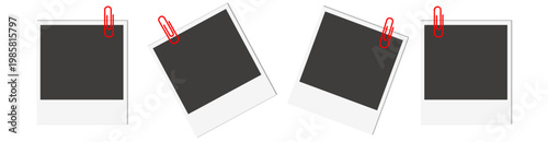 Banner Realistic photo frame. White empty photo frame. Retro photograph Photos hanging on red paper clip vector graphic design