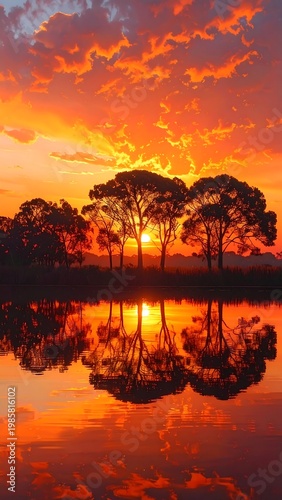 Vibrant orange sunset over serene lake with silhouetted trees