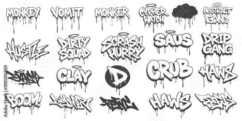 Urban street art graffiti lettering bundle with dripping text tags vector illustration
