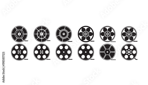 Collection of vintage film reels in a row with different perforation patterns and spokes