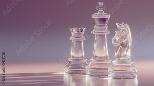 Minimal chess set with glass king, queen, and knight in pastel lighting. Concept of leadership, planning, and intellectual game