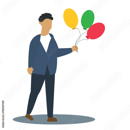 Modern flat vector illustration of a man holding colorful balloons in a minimalistic style.