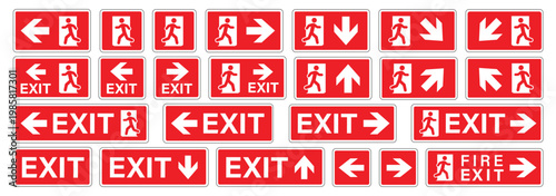 Emergency Exit Icon set. Vector illustration of running man and exit door sign. Escape and evacuation symbol. Various exit sign isolated white background. Evacuation and relocation of people to safety