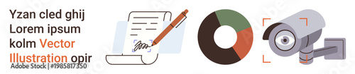 Data visualization, content creation, surveillance systems, business strategy, analytics, information security. Pie chart, document with a pen and a security camera. Data visualization