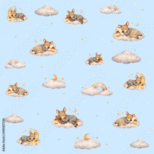 Seamless watercolor pattern with sleeping baby deer on clouds, moon, stars and rainbow elements on blue background. Suitable for nursery design, textiles, wallpaper, wrapping paper and baby products.