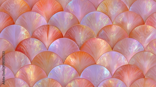 Seamless pattern of glossy shell-like shapes with holographic reflections. Abstract background for luxury design and branding use